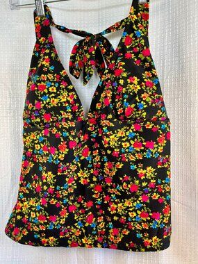 Catalina Halter Tankini Swimsuit Top Black Vibrant Ditsy Floral Print XL (16-18)